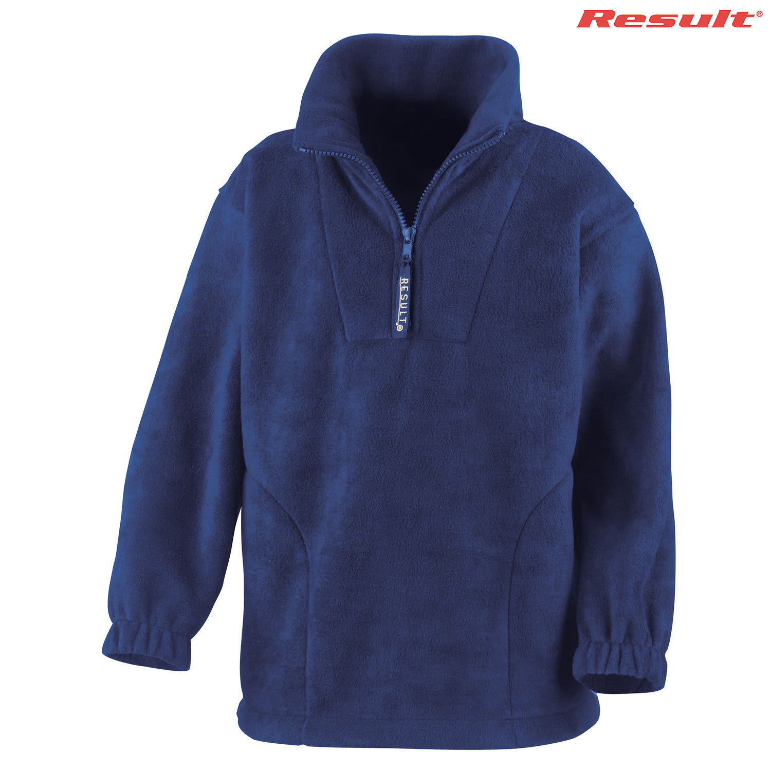 A navy polar fleece jumper featuring a quarter zip and elasticated cuffs, with a branding logo.