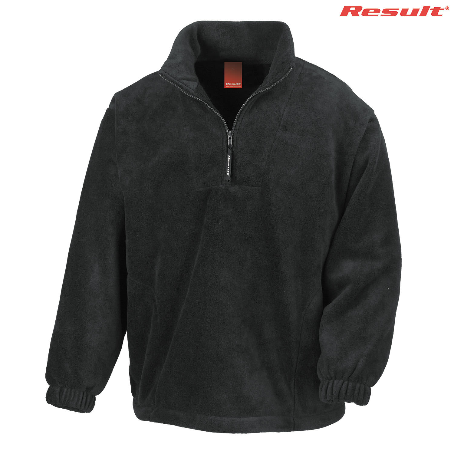 A black polar fleece quarter zip top with a high collar and elastic cuffs, featuring a brand logo.