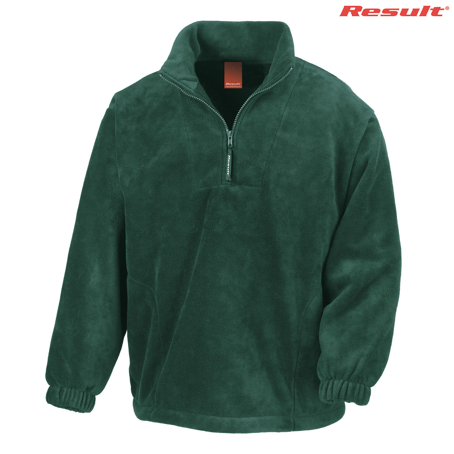 A green fleece jumper with a quarter zip, featuring elastic cuffs and a branded logo.