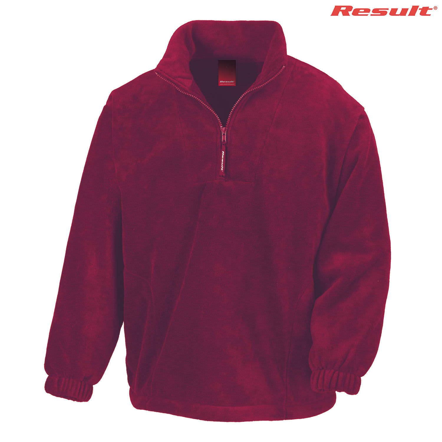 A red polar fleece quarter zip jumper with a stand-up collar and elasticated cuffs, featuring a logo.