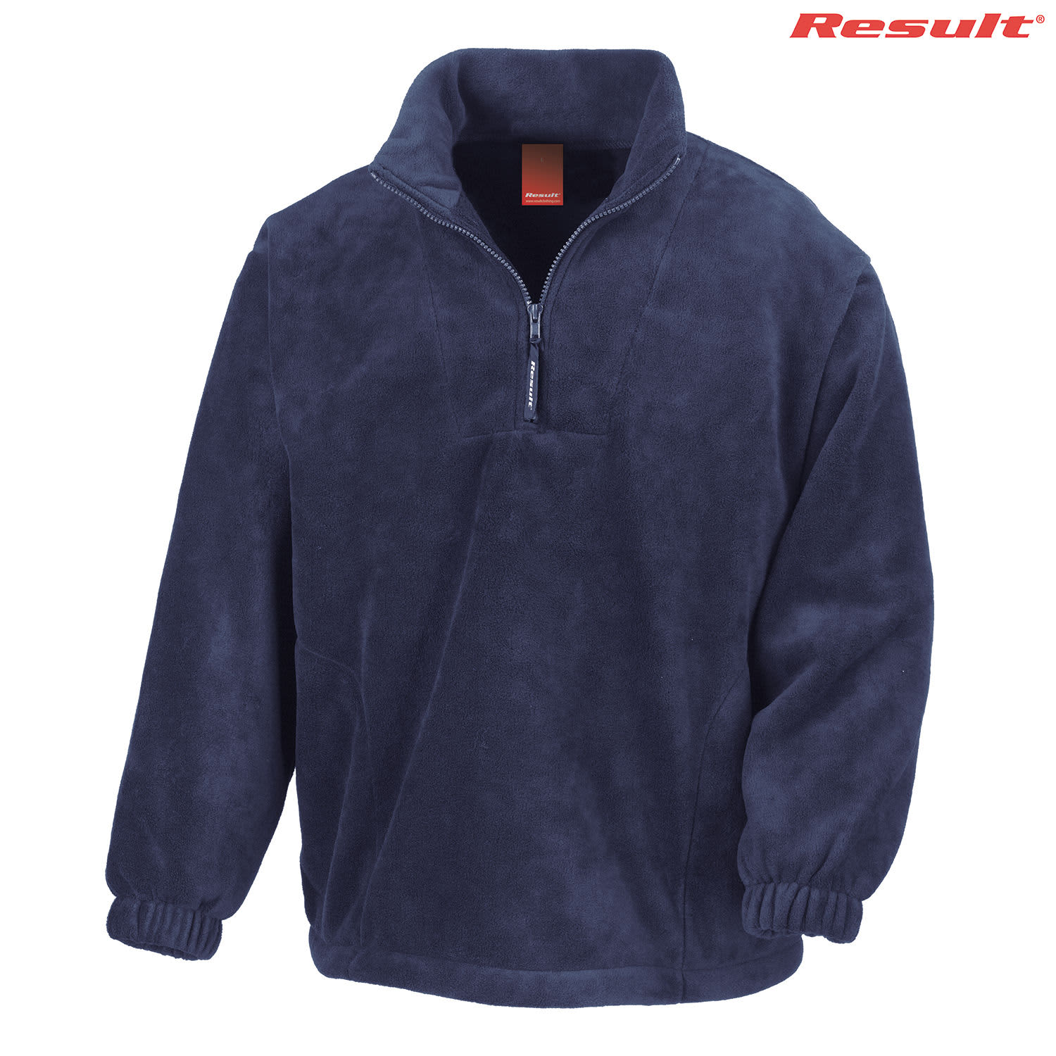 A navy blue quarter-zip fleece jumper featuring elasticated cuffs and a collar, with a logo on the top right.