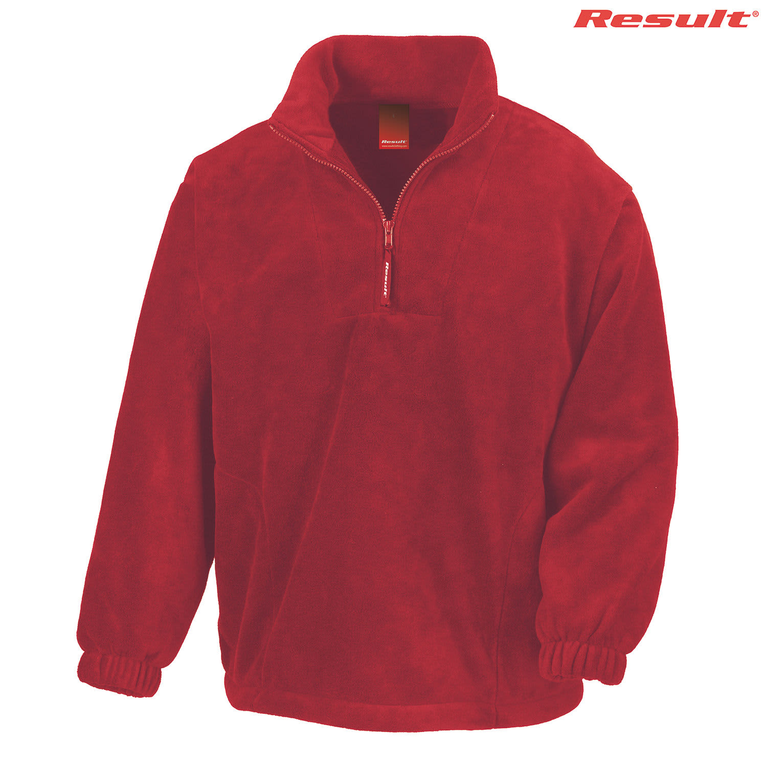 A red polar fleece quarter-zip jumper with elasticised cuffs and a high collar, featuring a logo.