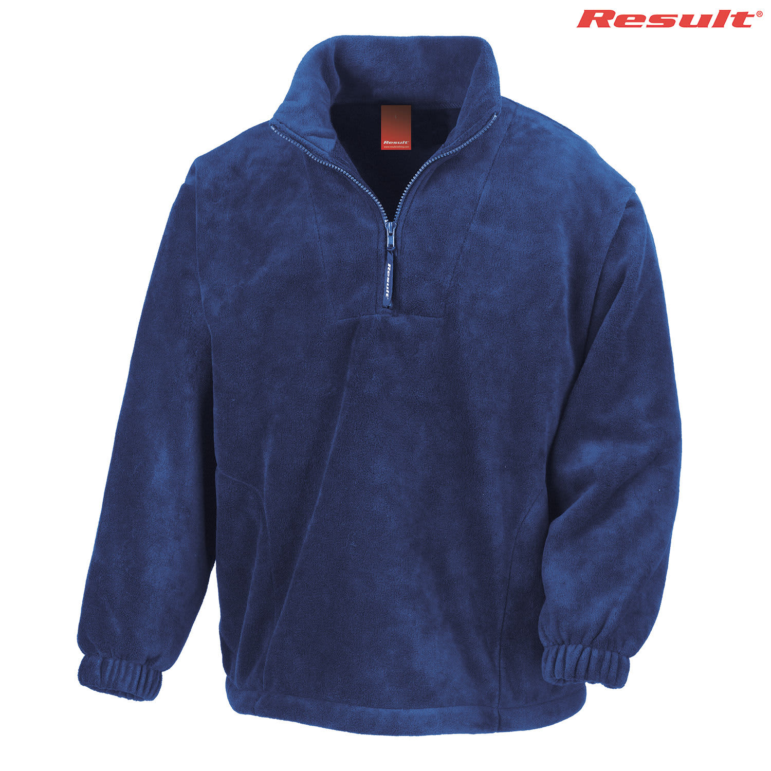A navy blue polar fleece quarter-zip jumper with a collar and elasticated cuffs. It has a logo on the top right.