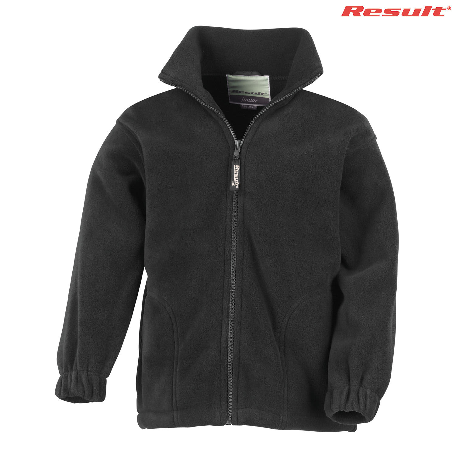 A black polar fleece jumper with a full zip and high collar, featuring an elasticated cuff and a logo on the top right.