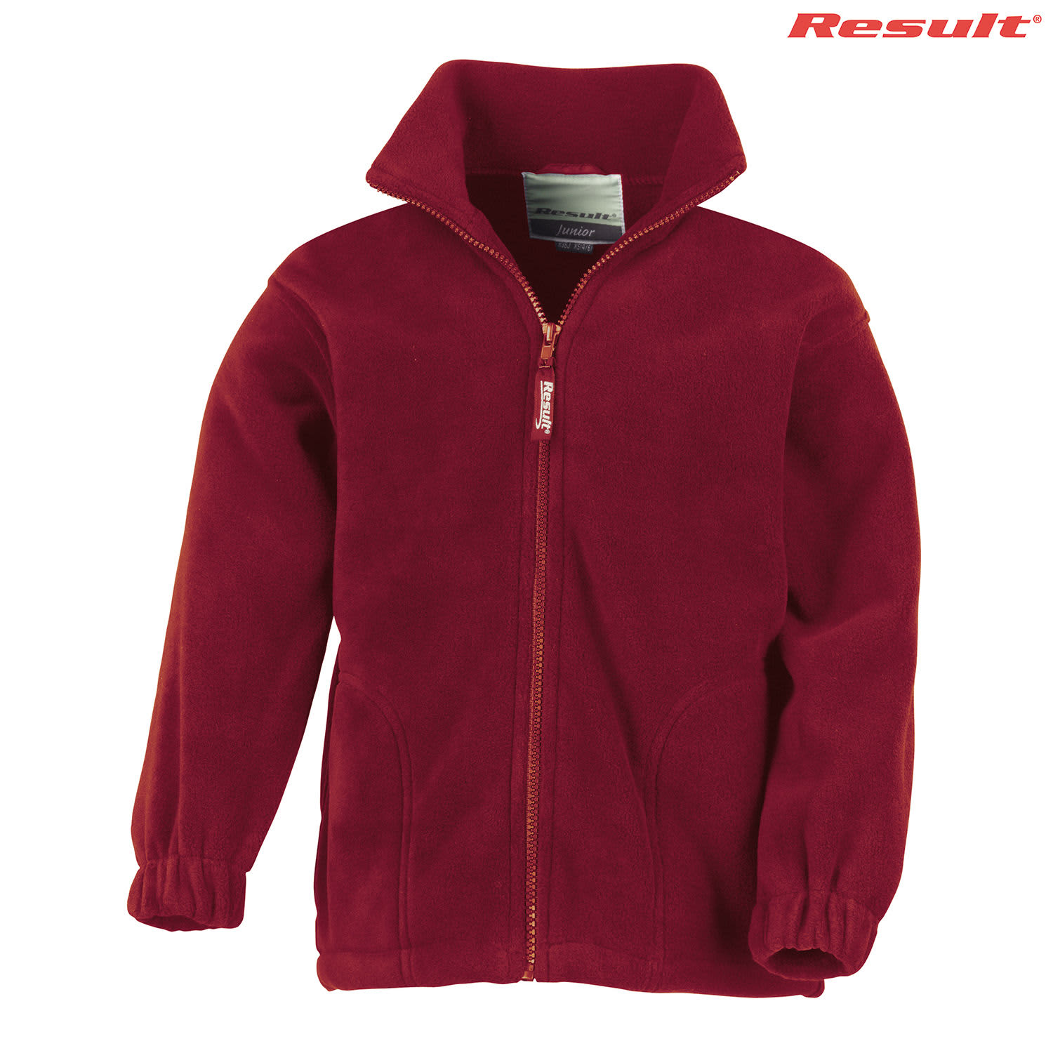 A burgundy polar fleece full zip top with a high collar and elastic cuffs, featuring a logo on the upper right.