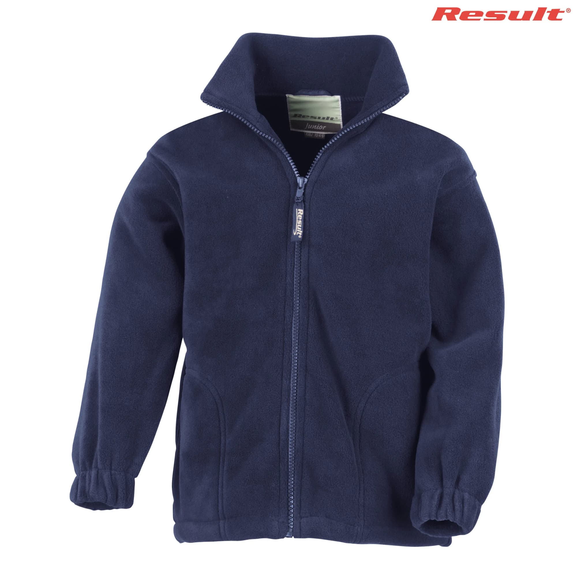 A navy blue polar fleece jumpers featuring a full zip and high collar, with elastic cuffs and a logo.