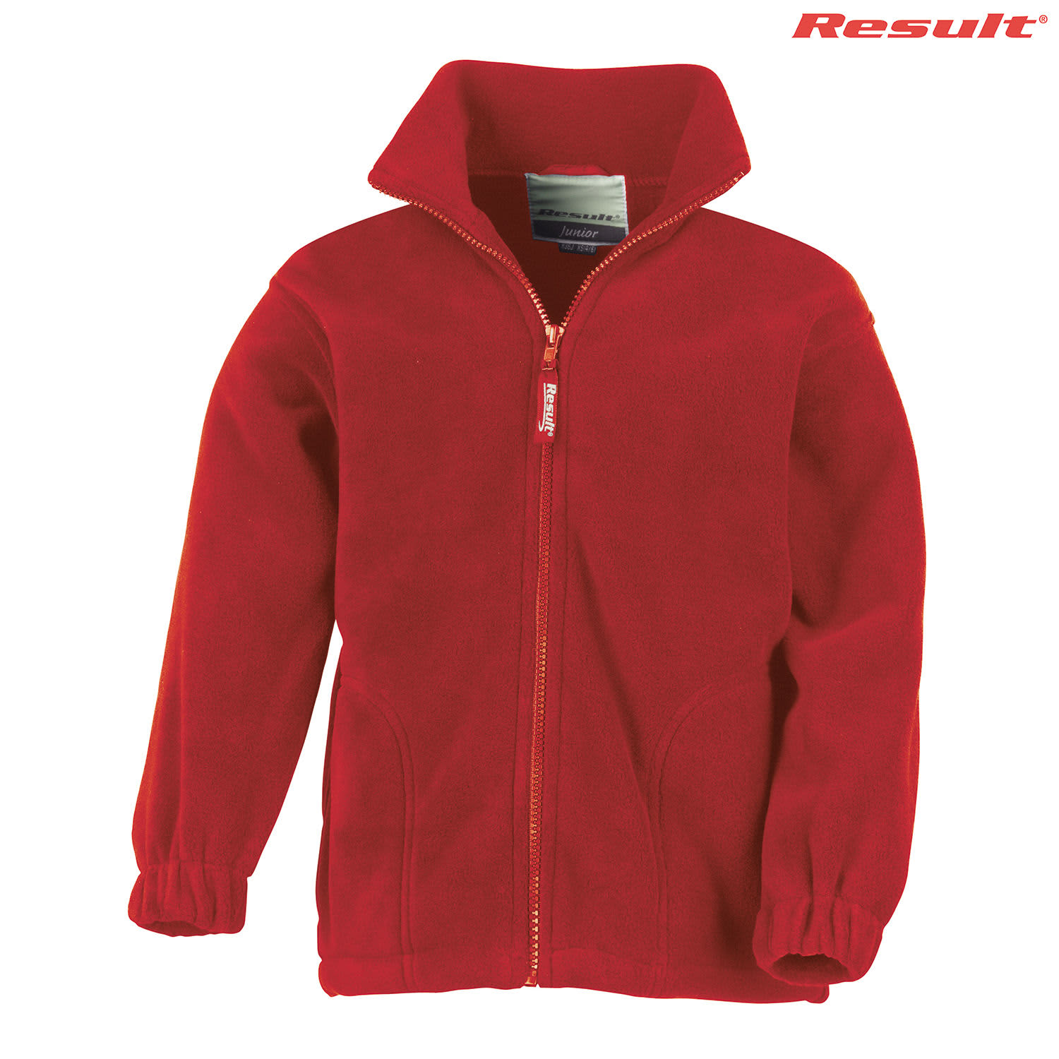A red youth polar fleece jumper with a full zip and a collar, featuring a logo on the upper right.
