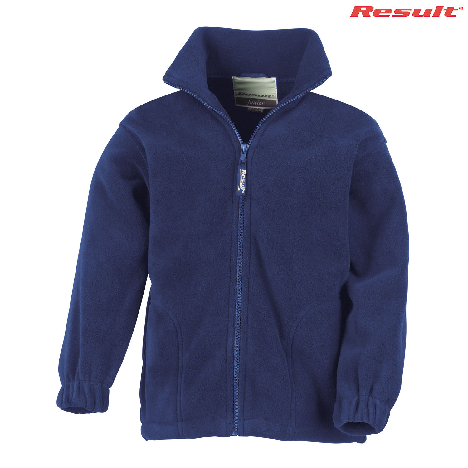 A navy blue youth polar fleece jumper with a full zip and a collar, featuring a logo on the upper right.