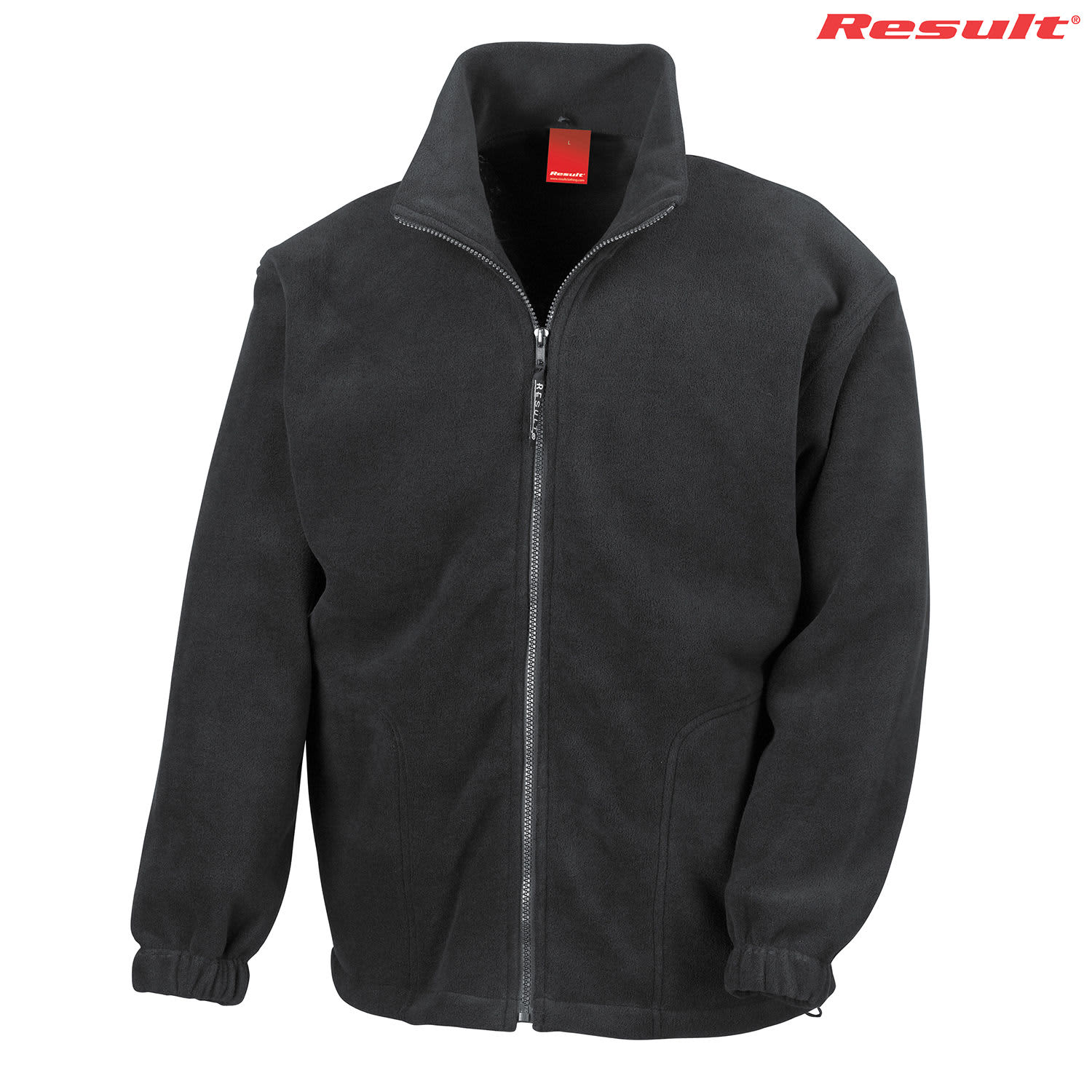 A full zip polar fleece jumper in black, featuring a high collar and elastic cuffs, with a logo on the side.