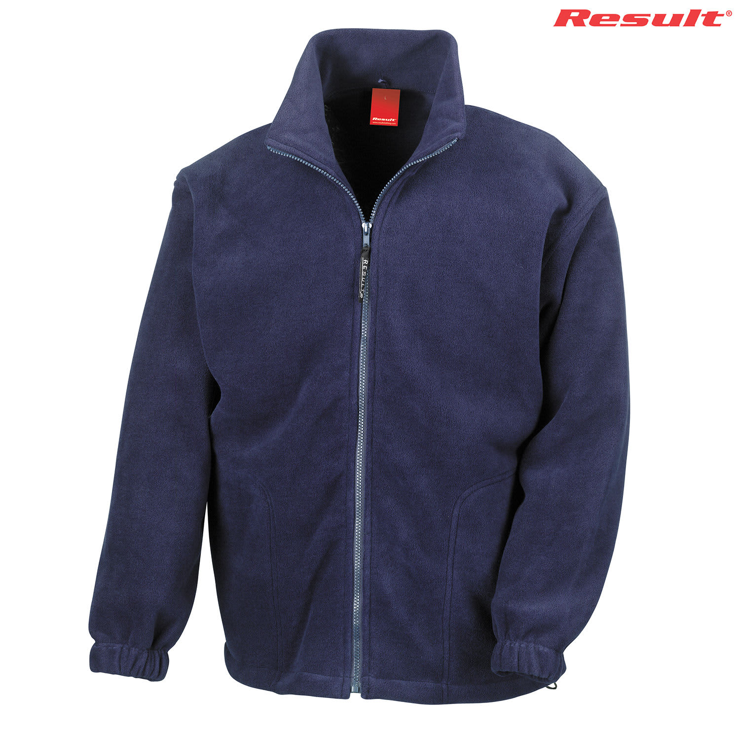 A navy blue polar fleece full zip top with a high collar and elastic cuffs, featuring a logo.