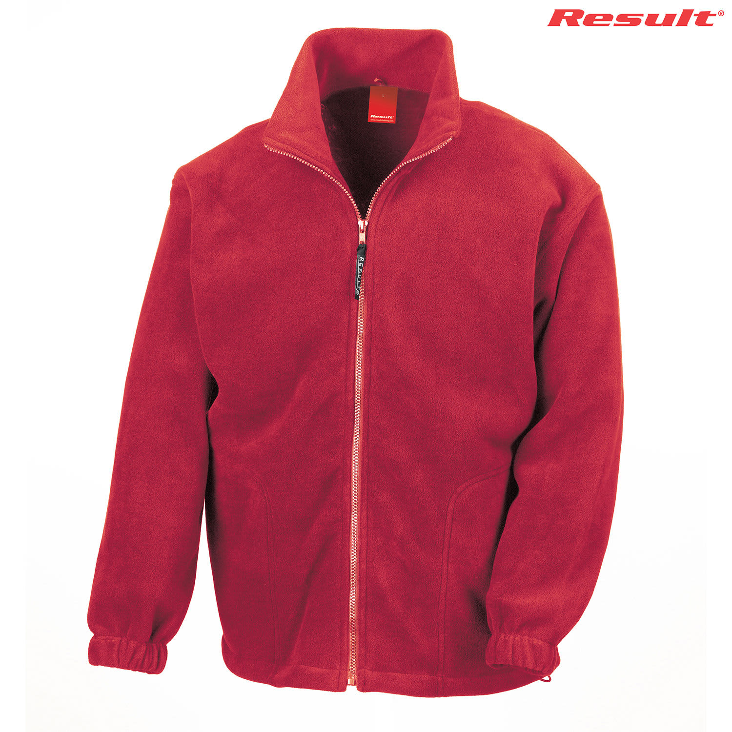 A red polar fleece jumper with a full zip, featuring a high collar and elasticised cuffs. It has a logo.