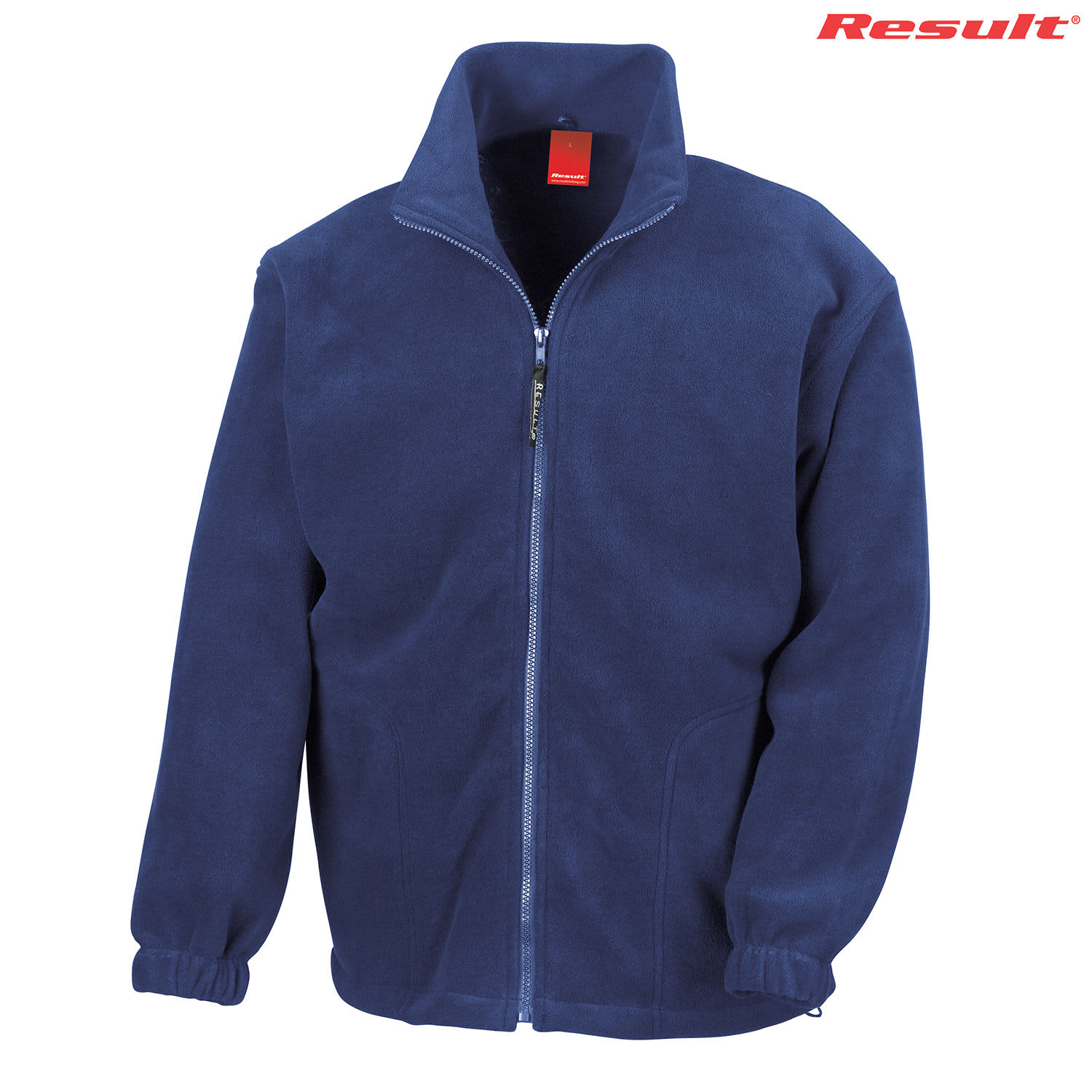 A navy blue polar fleece full zip jumper featuring a high collar and elastic cuffs, with a logo on the upper right.