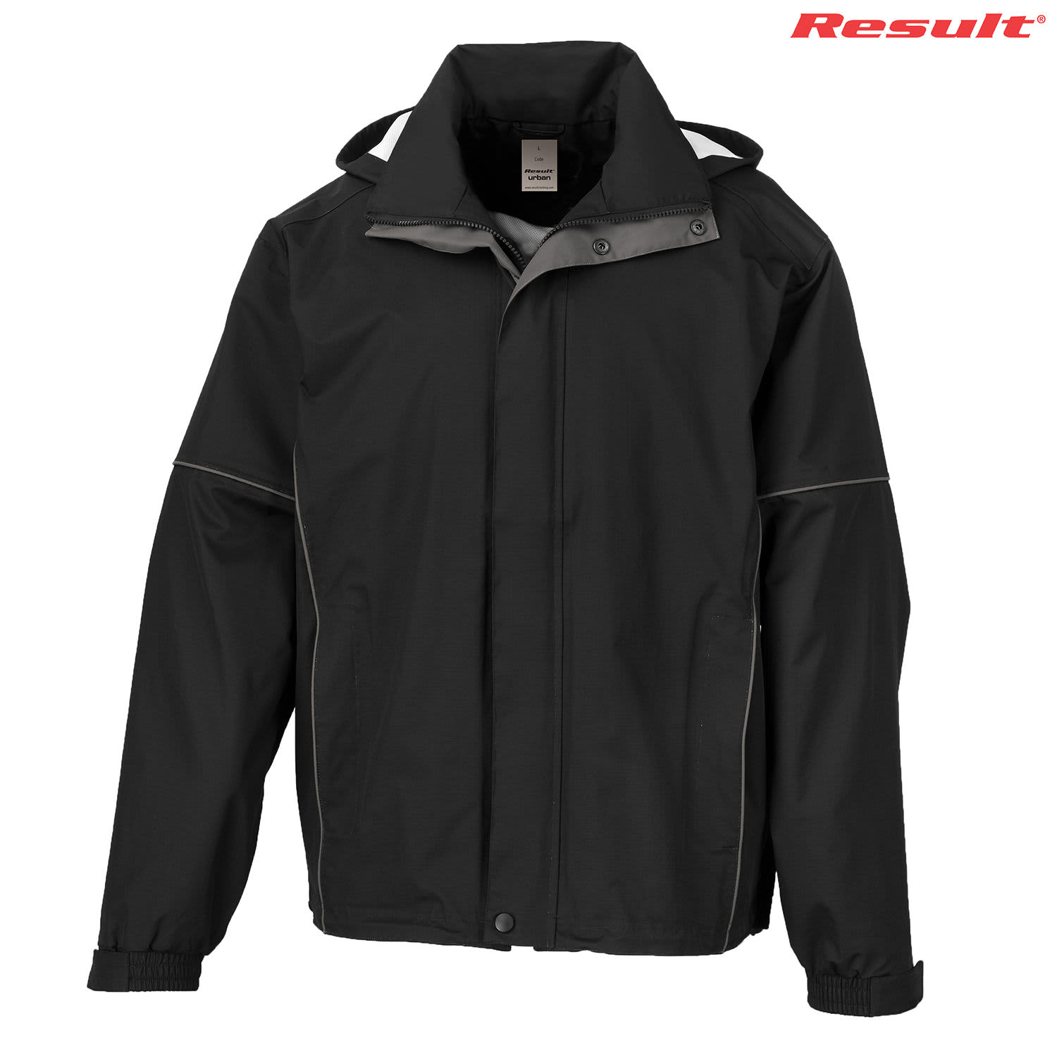 A black technical jacket with a hood and grey accents, featuring a logo on the upper right side.