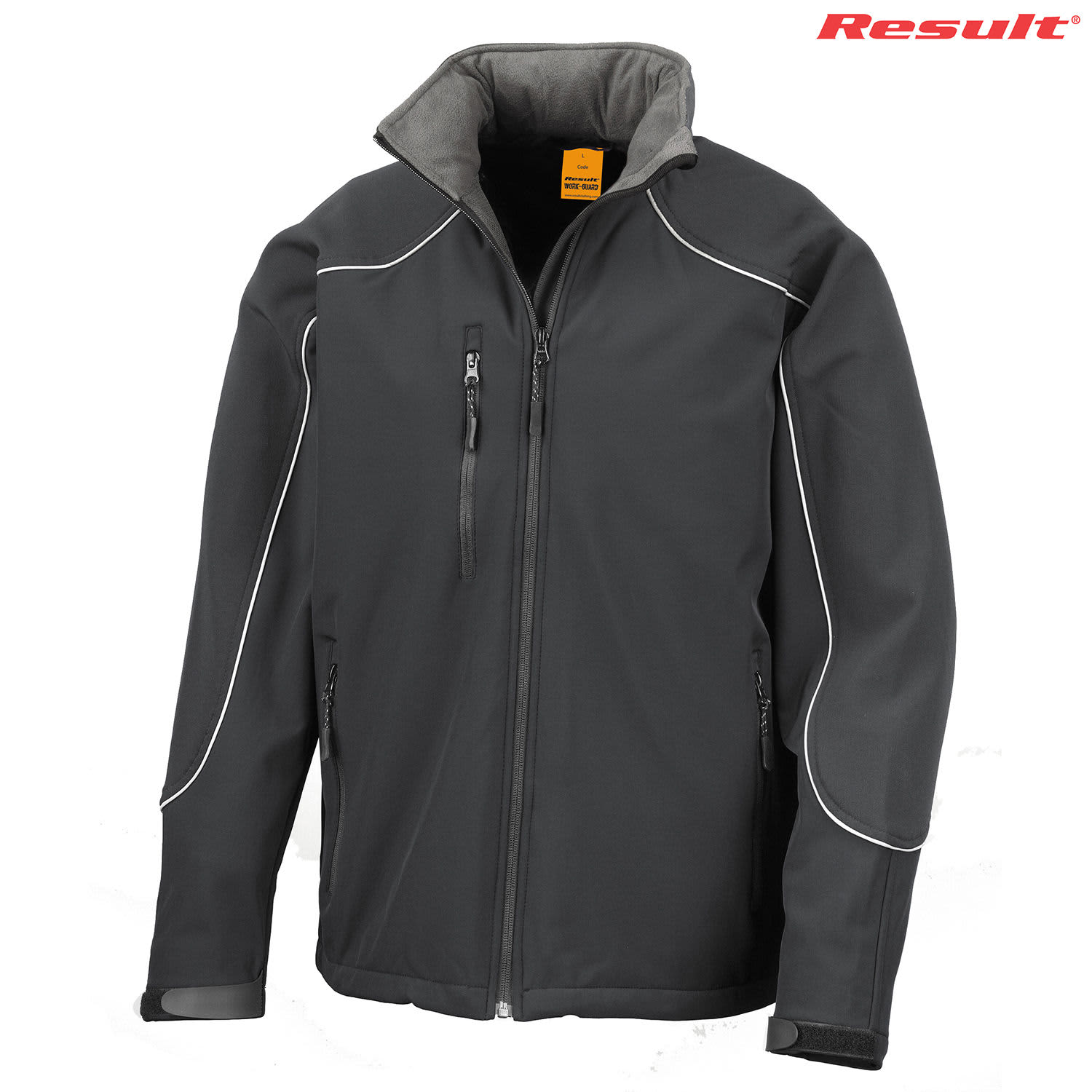 A black softshell jacket with contrasting white piping and a high collar. It features zippered pockets and a logo.