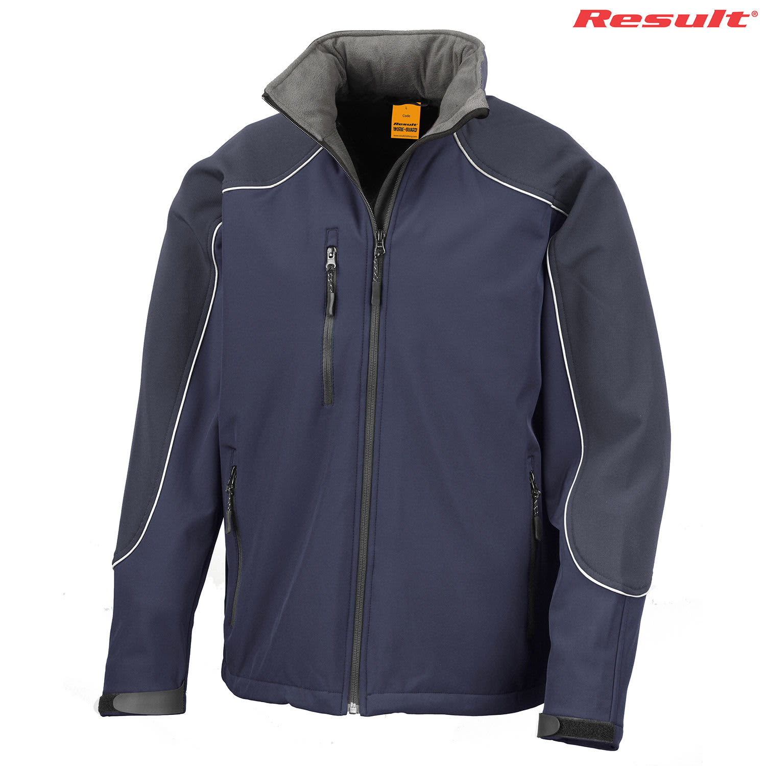 A navy blue softshell jacket with grey accents and a zippered front, featuring a logo on the top right.