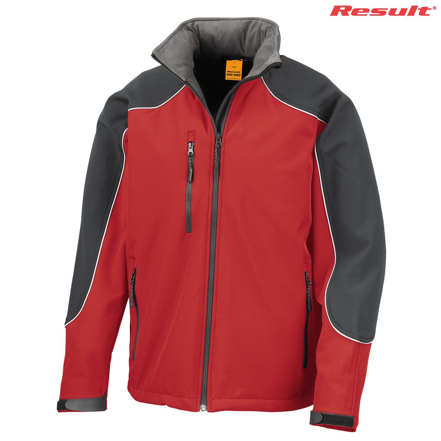 A red and grey softshell jacket with a high collar and multiple zip pockets. Features a logo on the upper right.