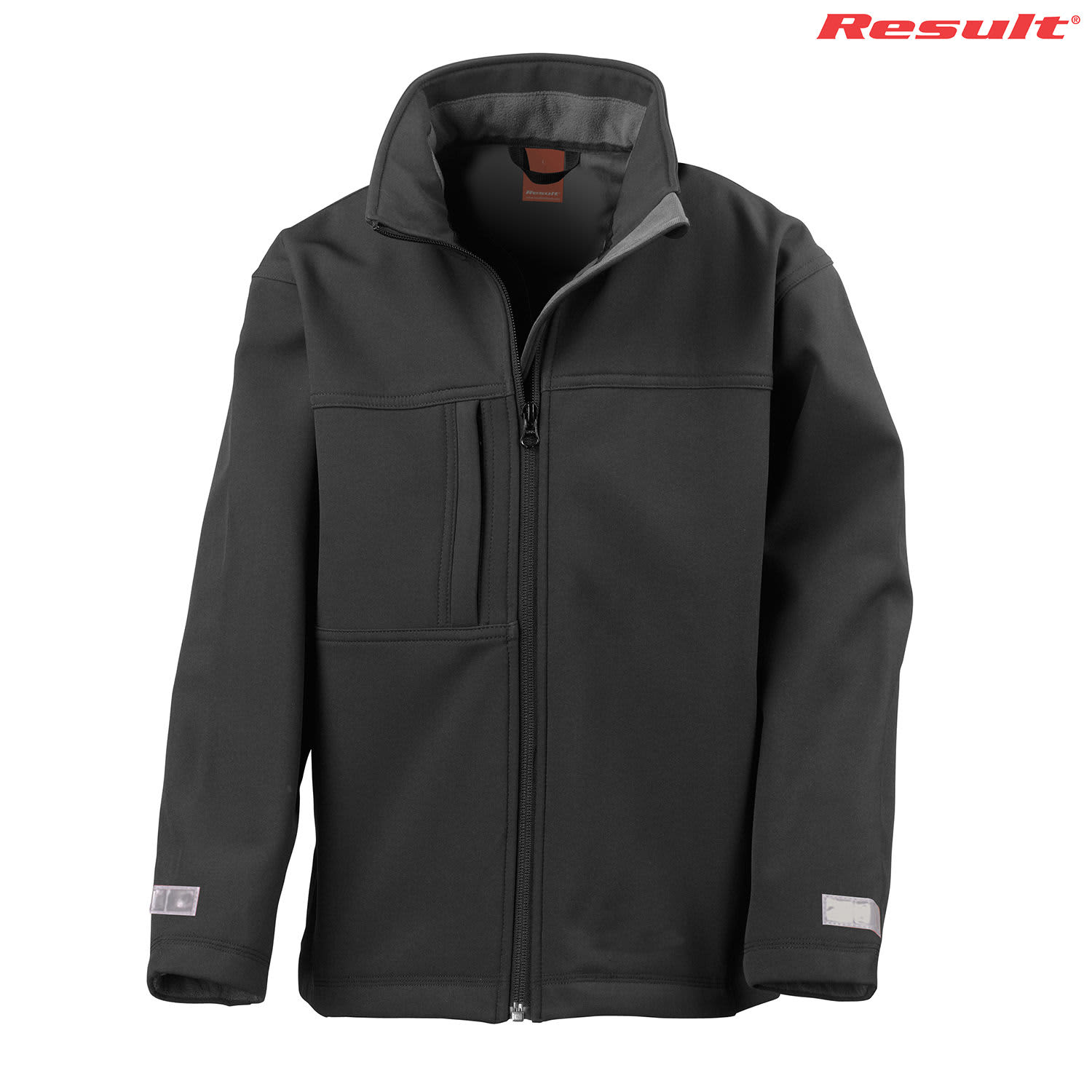A black youth classic softshell jacket with a zip front, pockets, and a branded logo.