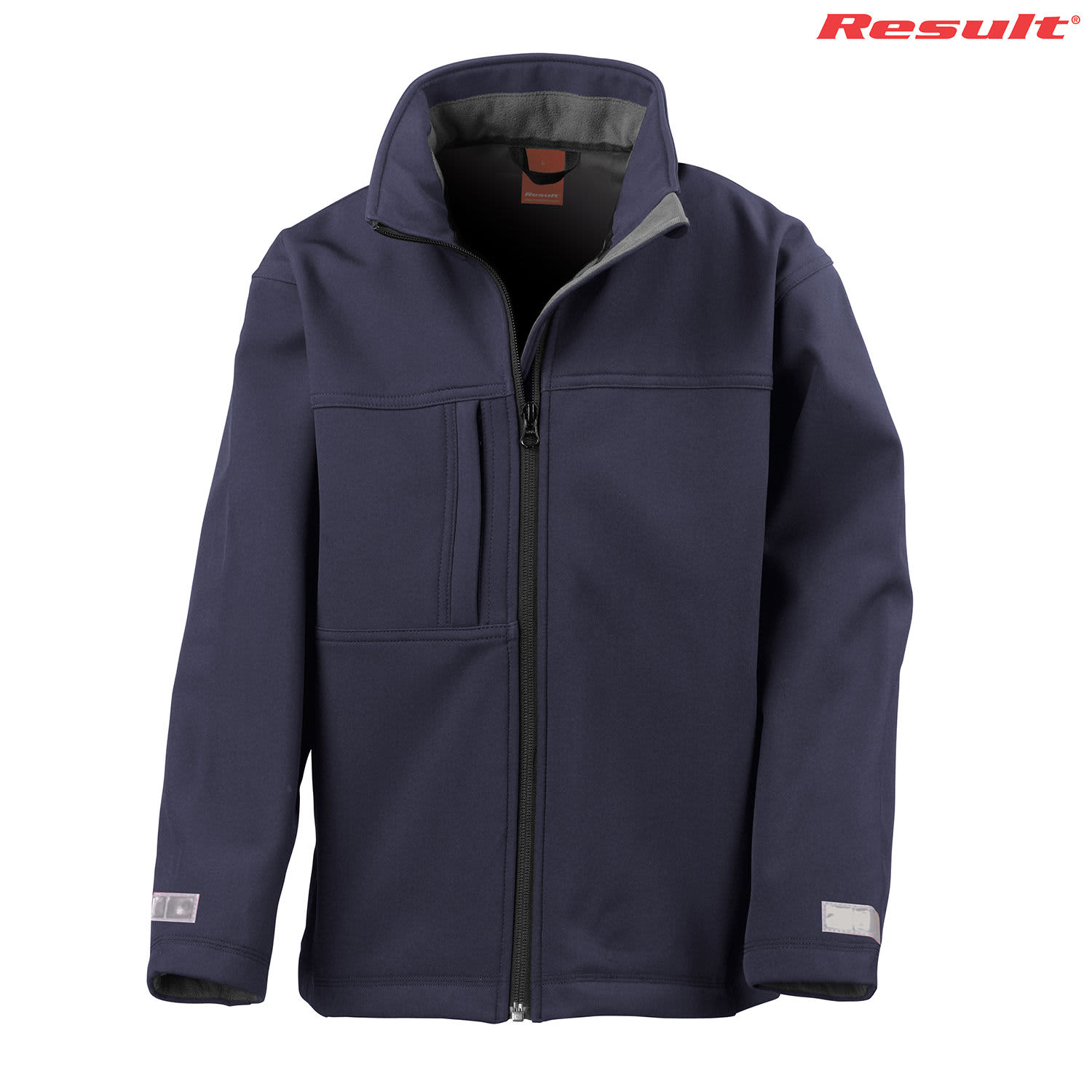 A navy blue youth classic softshell jacket with a zip front, pockets, and a logo on the collar.