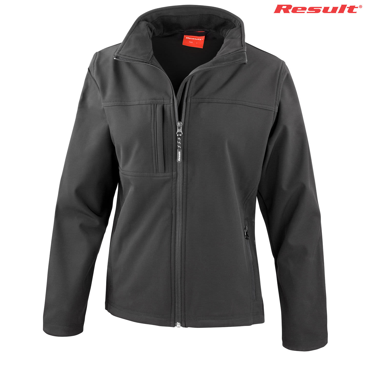 A ladies' classic softshell jacket in black, featuring a zippered front and a logo on the upper right.
