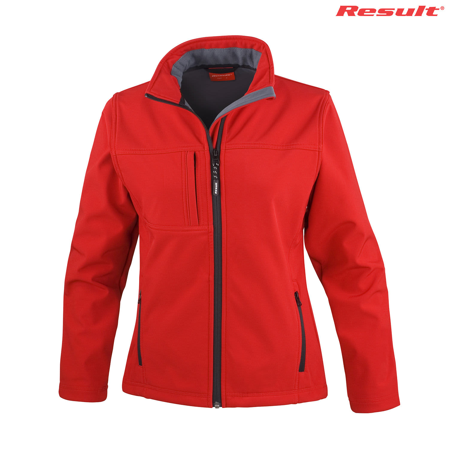 A red Ladies Classic Softshell Jacket with a zip closure and a logo on the upper right.