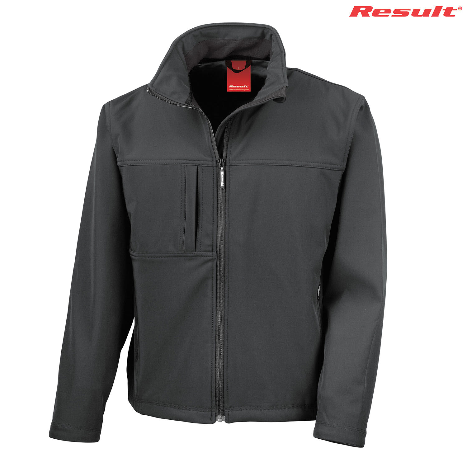 A soft shell jacket in black with a zip front and multiple pockets, featuring a logo on the upper right.