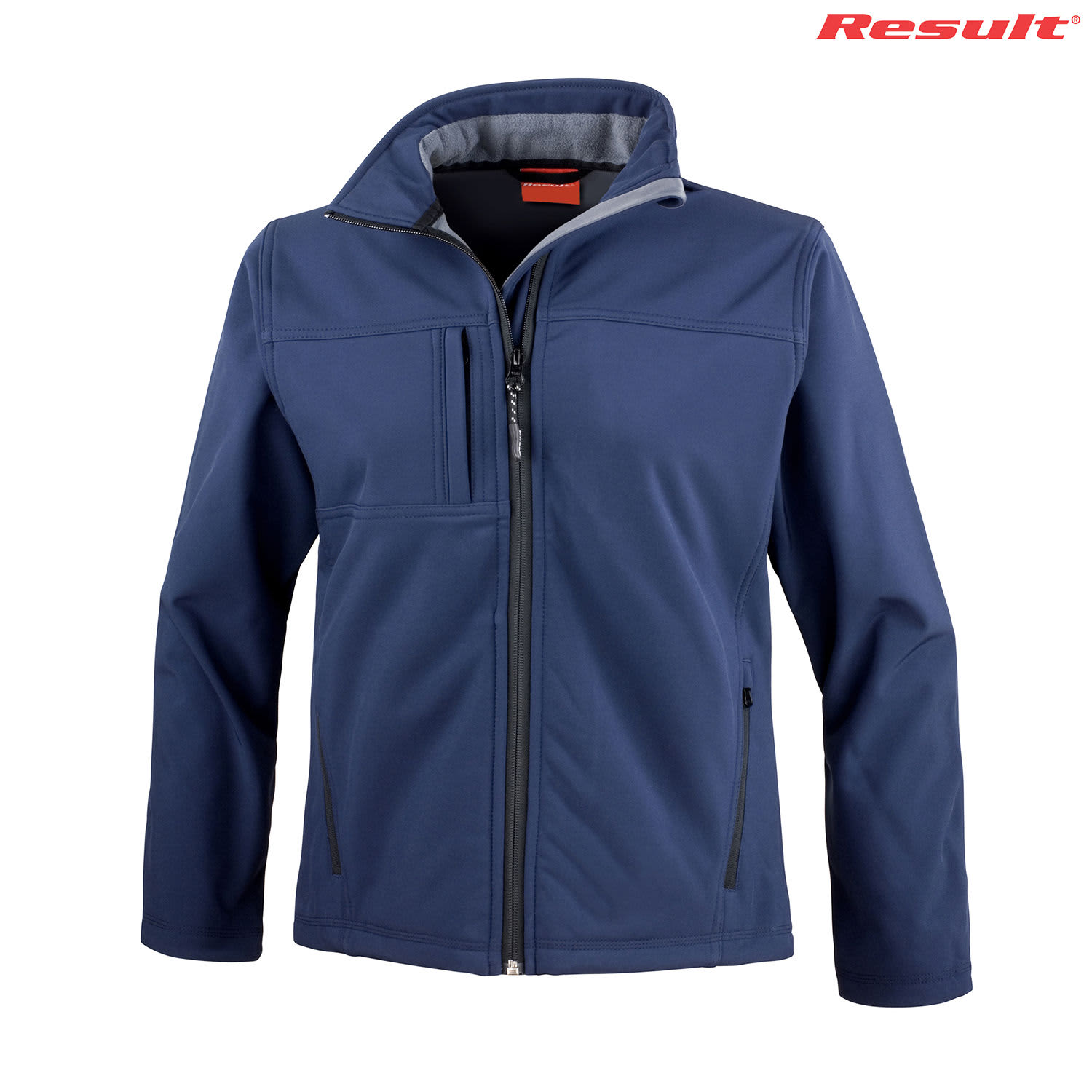 A navy soft shell jacket for adults with a zip front and pockets. Includes a branding logo.