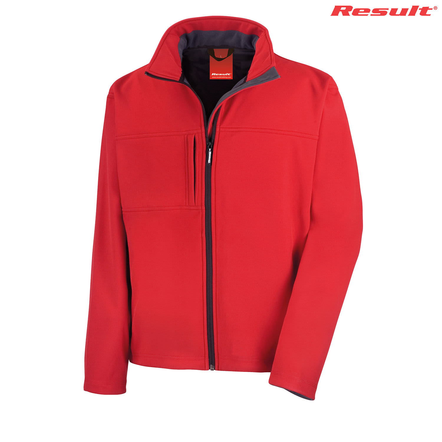 A red soft shell jacket with a zip closure, featuring a chest pocket and a branding logo.