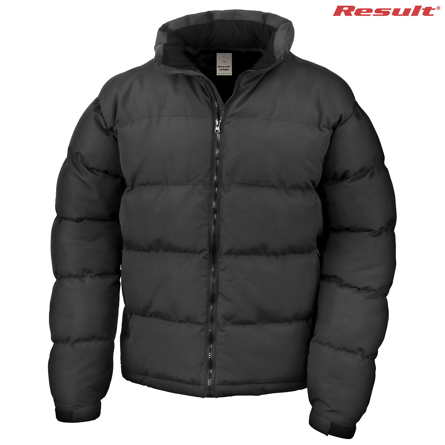 A black unisex puffer jacket with a zip front and a collar, featuring a logo on the upper right.
