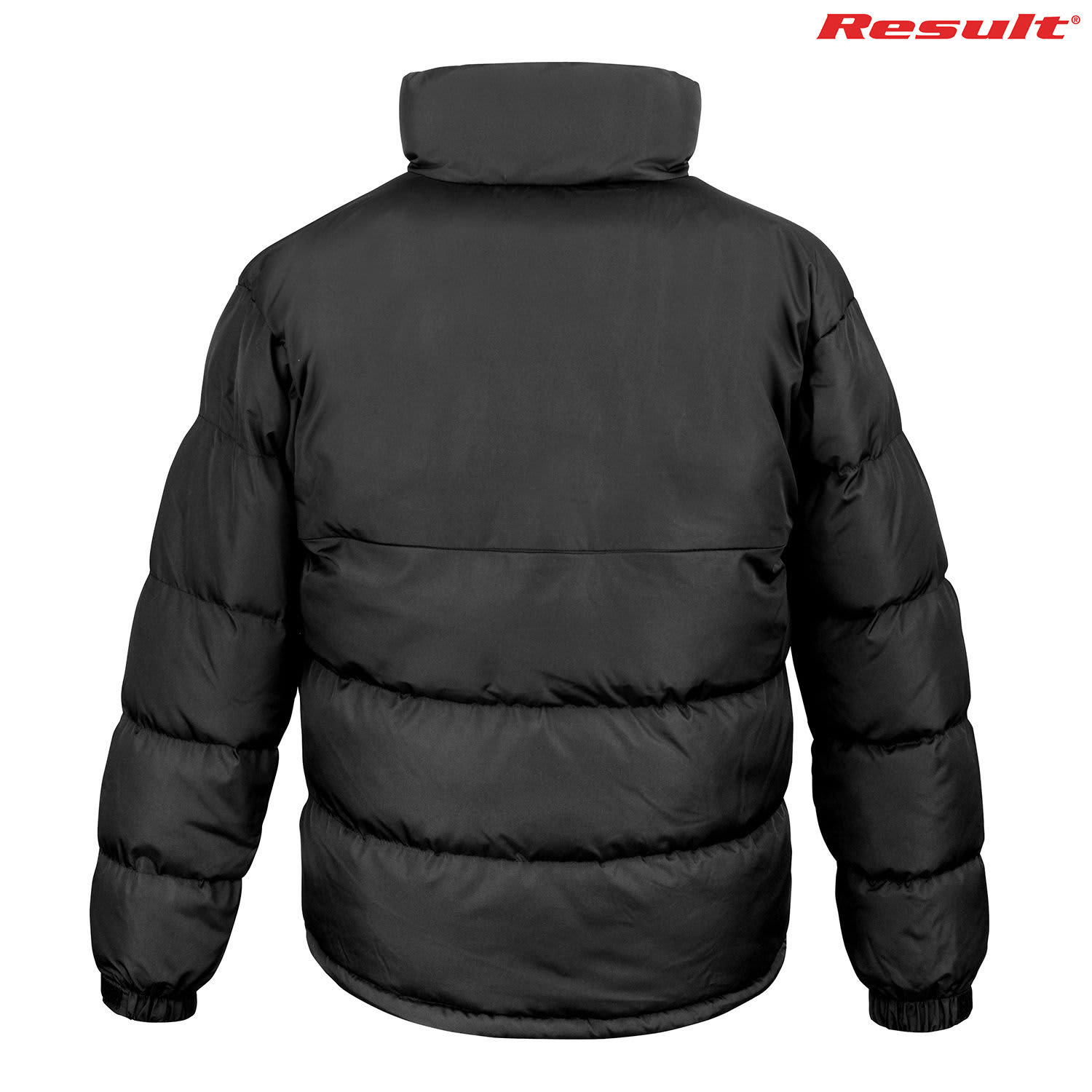 A black unisex puffer jacket with a high collar and a logo on the top right.