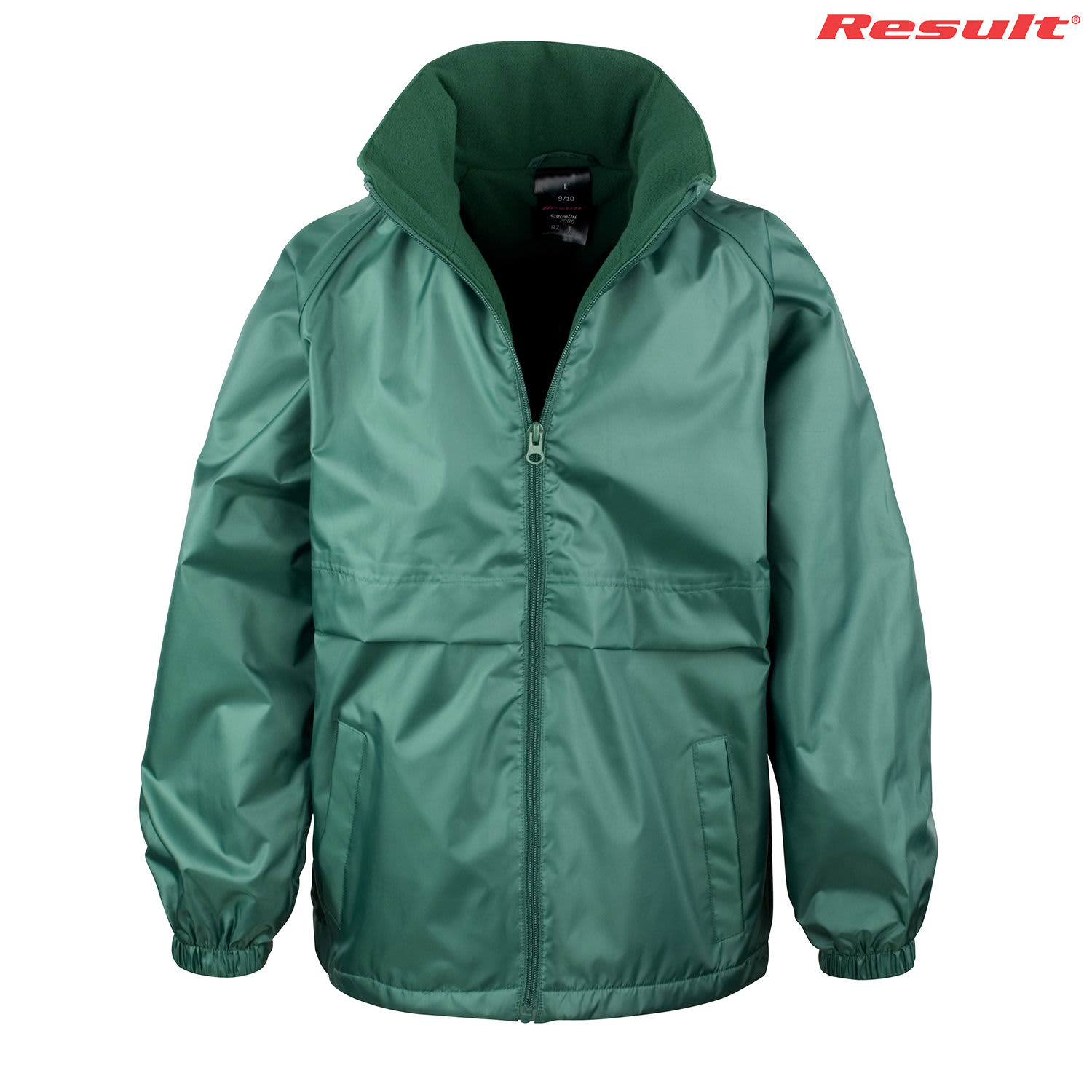 A green youth jacket with a high collar, featuring a zip closure and elasticised cuffs. It has a logo on it.