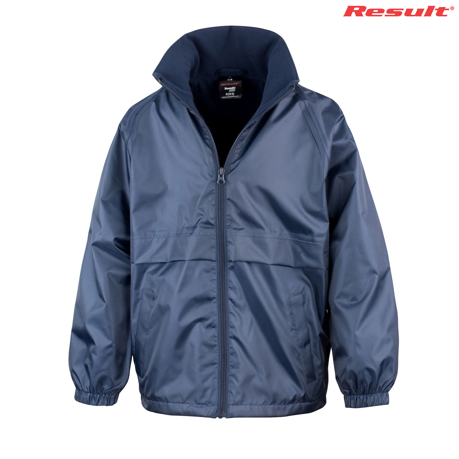 A navy blue Youth Core Dri-Warm & Lite Jacket with a zip front and elasticated sleeves. It features a logo.