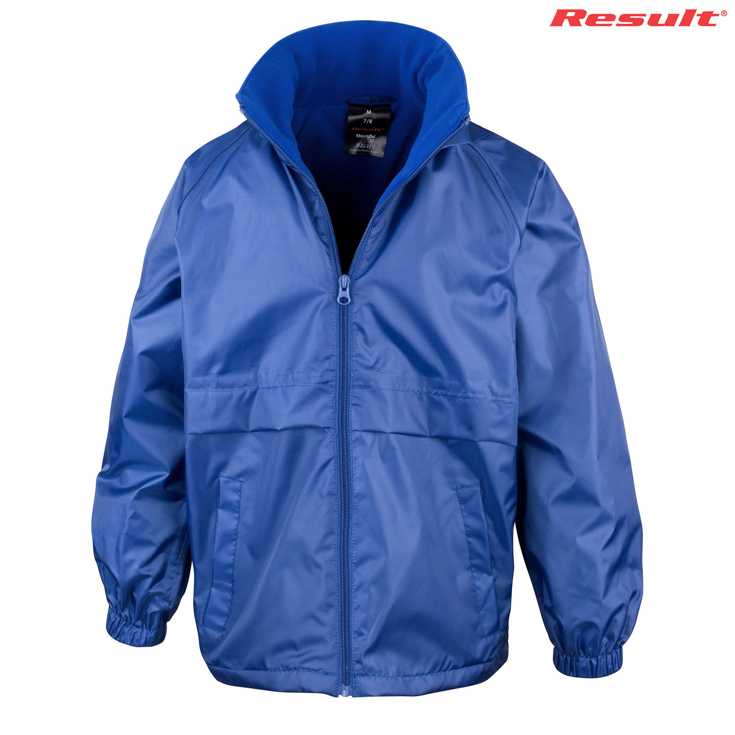 A blue Youth Core Dri-Warm & Lite Jacket with a zip front and elastic cuffs, featuring a collar and a branding logo.