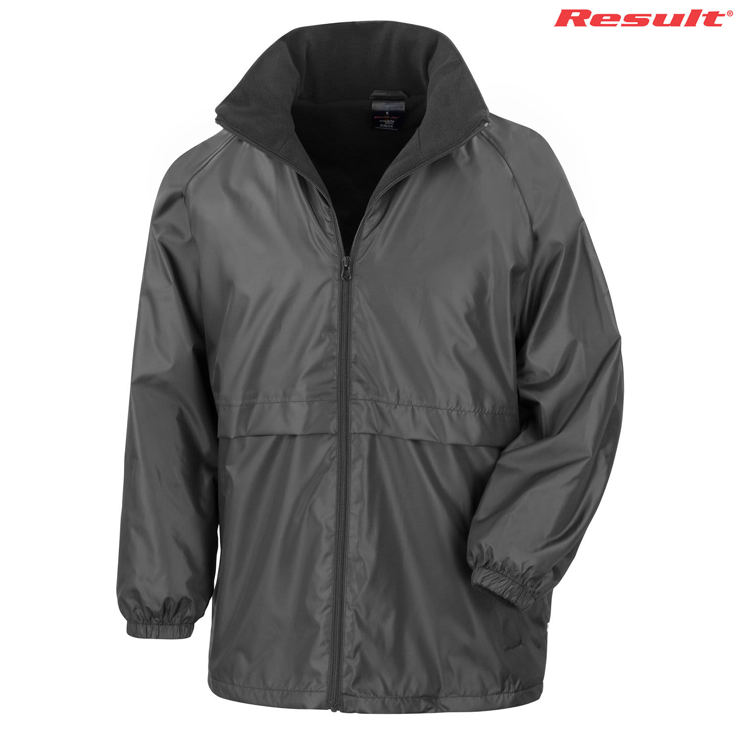 A grey rain jacket with a zip front, elastic cuffs, and a high collar. It features a logo.