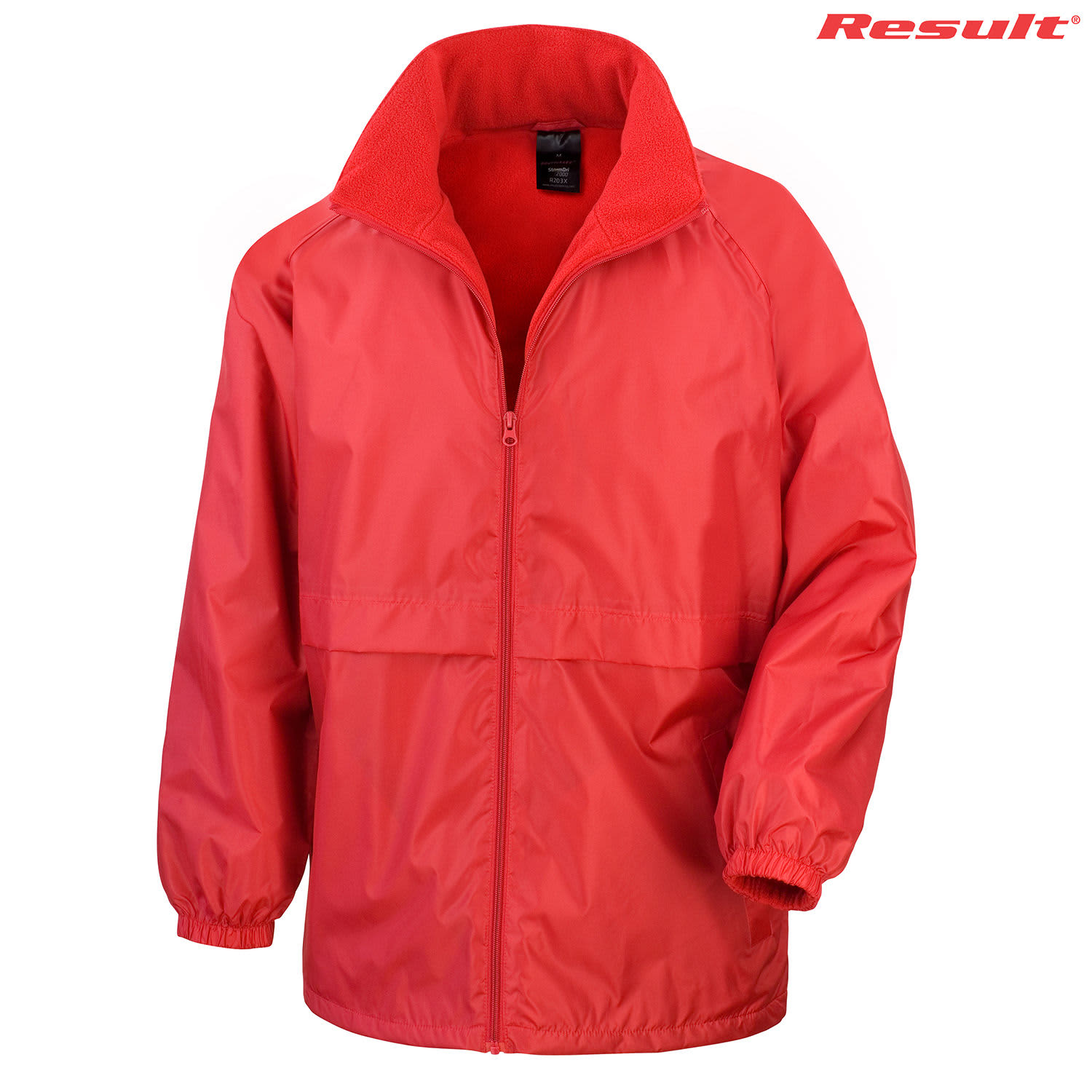 A red jacket with a zip front, featuring a soft collar and elastic cuffs, and has a logo on it.
