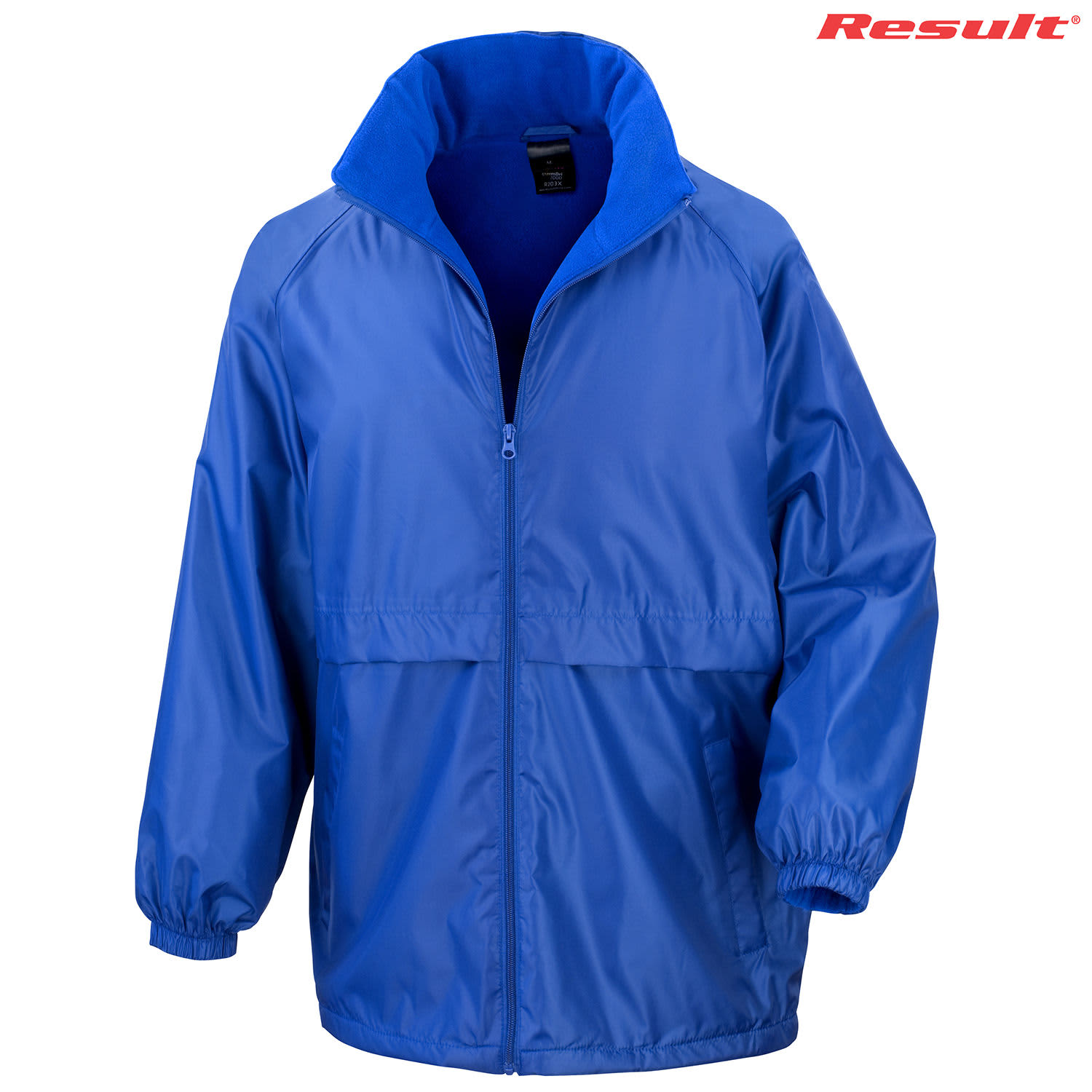 A blue jacket with a high collar and elastic cuffs, featuring a logo on the upper right.