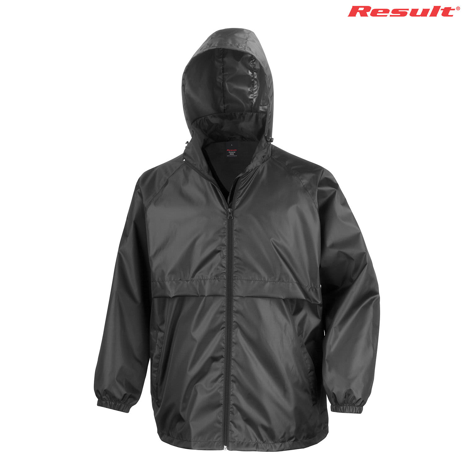 A black windcheater jacket with a hood and elastic cuffs, featuring a logo on the upper right corner.