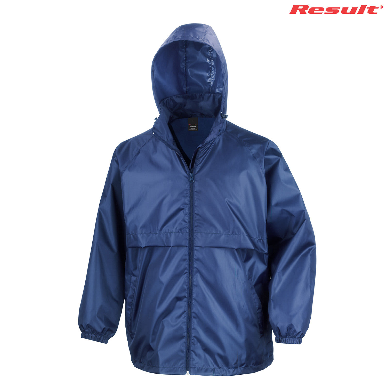 A navy windcheater jacket with a hood, featuring elastic cuffs and a logo on the top right.