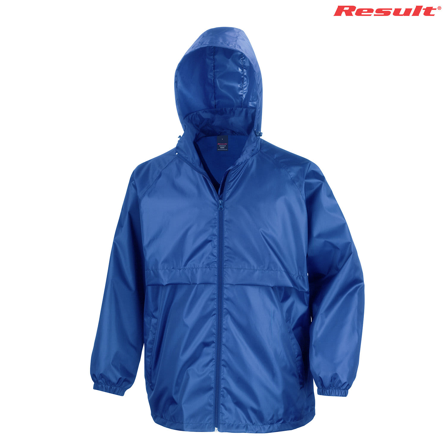 A blue windcheater jacket with a hood and elastic cuffs, featuring a branding logo.