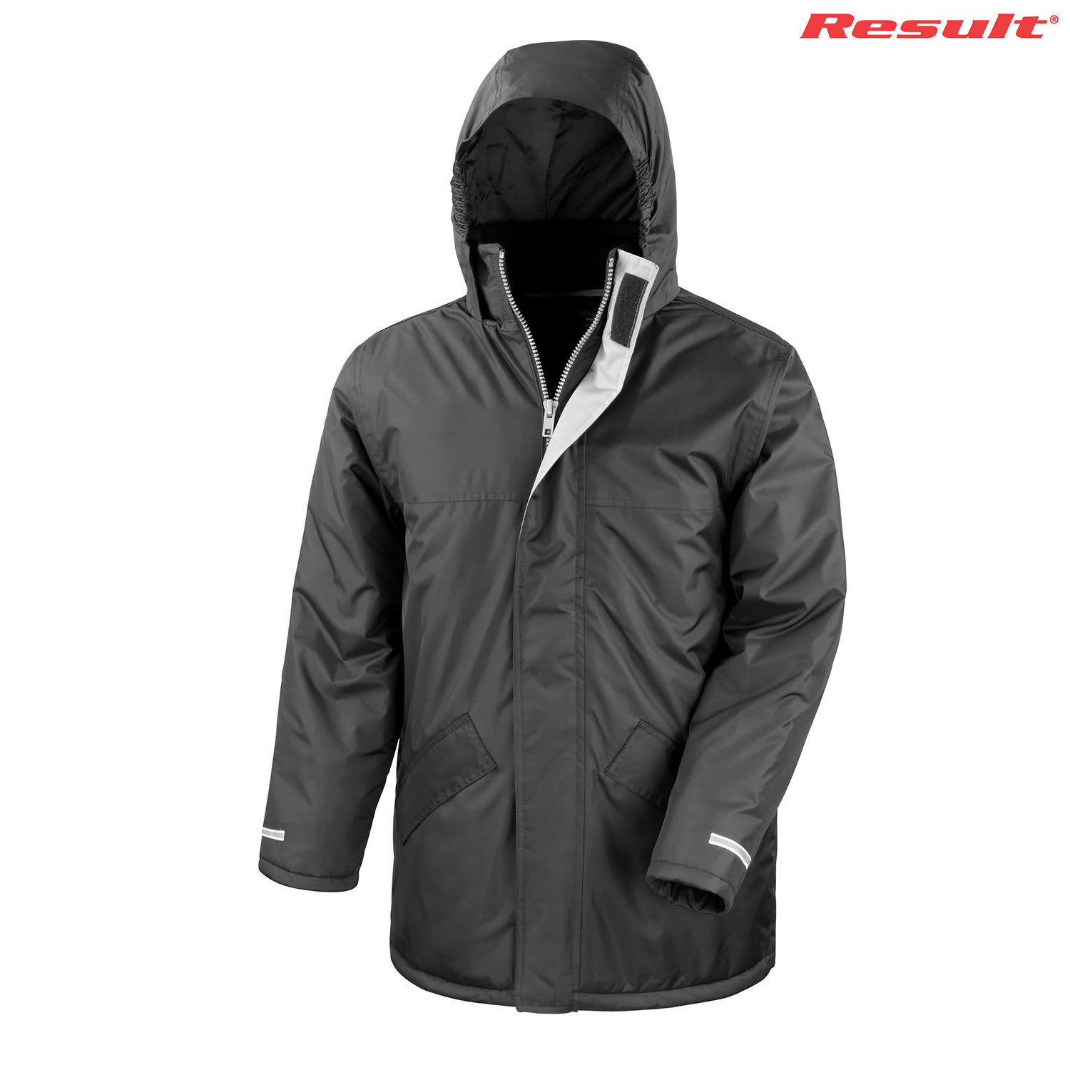 A black winter parka jacket with a hood, featuring a front zip and reflective details. It has a logo.