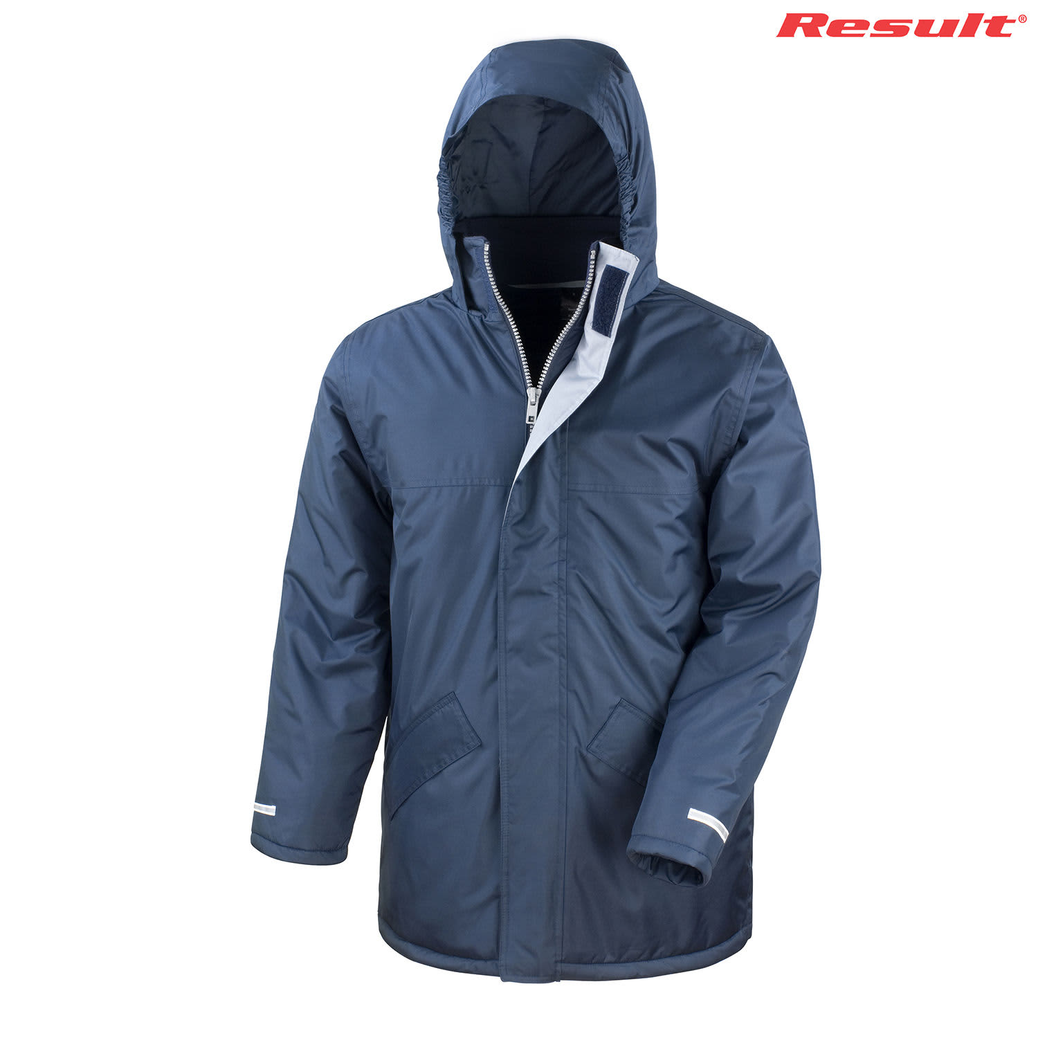 A navy blue winter parka jacket with a hood and a logo, featuring a zip closure and side pockets.
