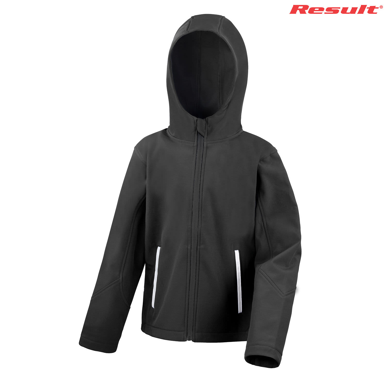 A black youth softshell jacket with a hood and white zippered pockets, featuring a logo on the upper right.
