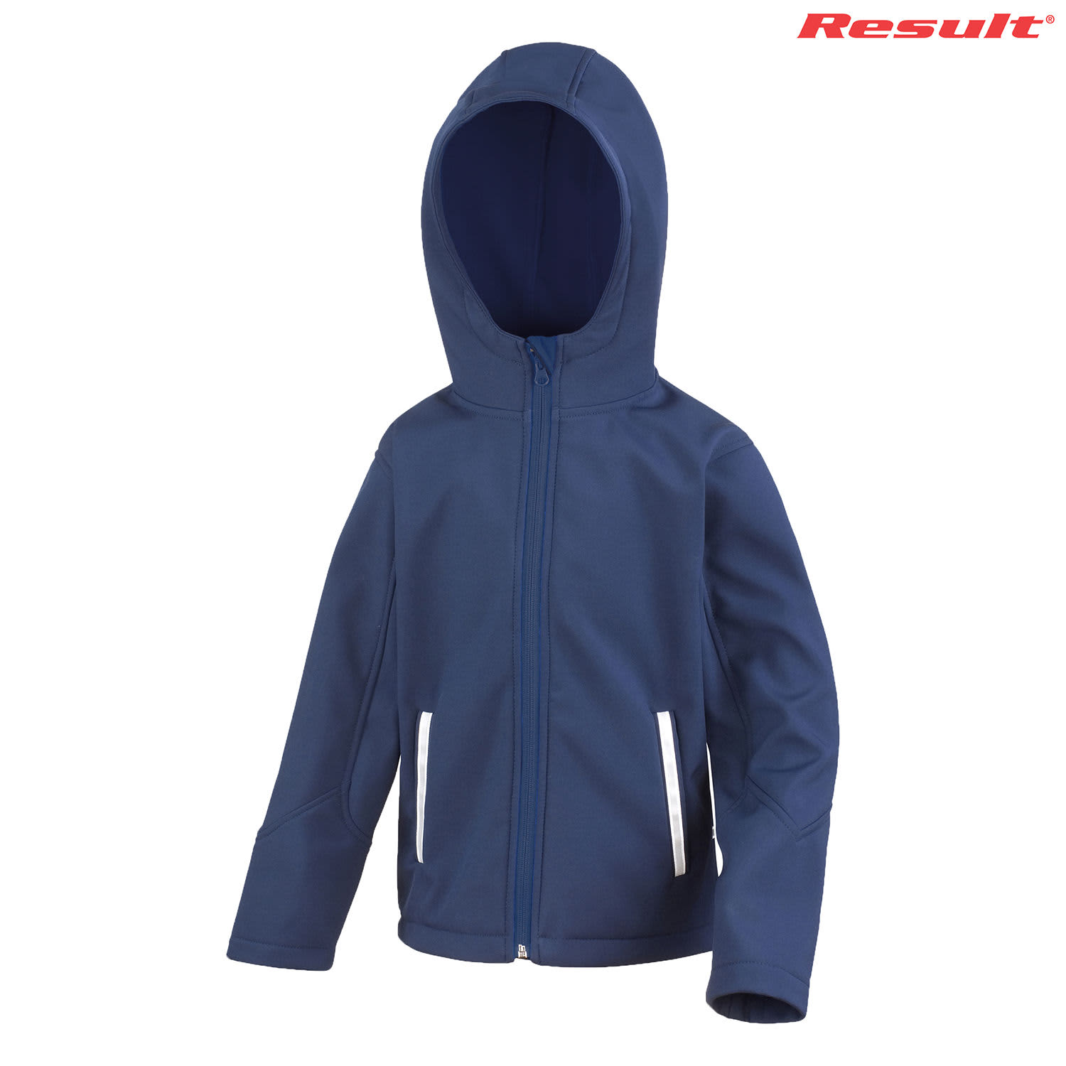 A navy blue softshell jacket with a hood, featuring zippered pockets and a branding logo.