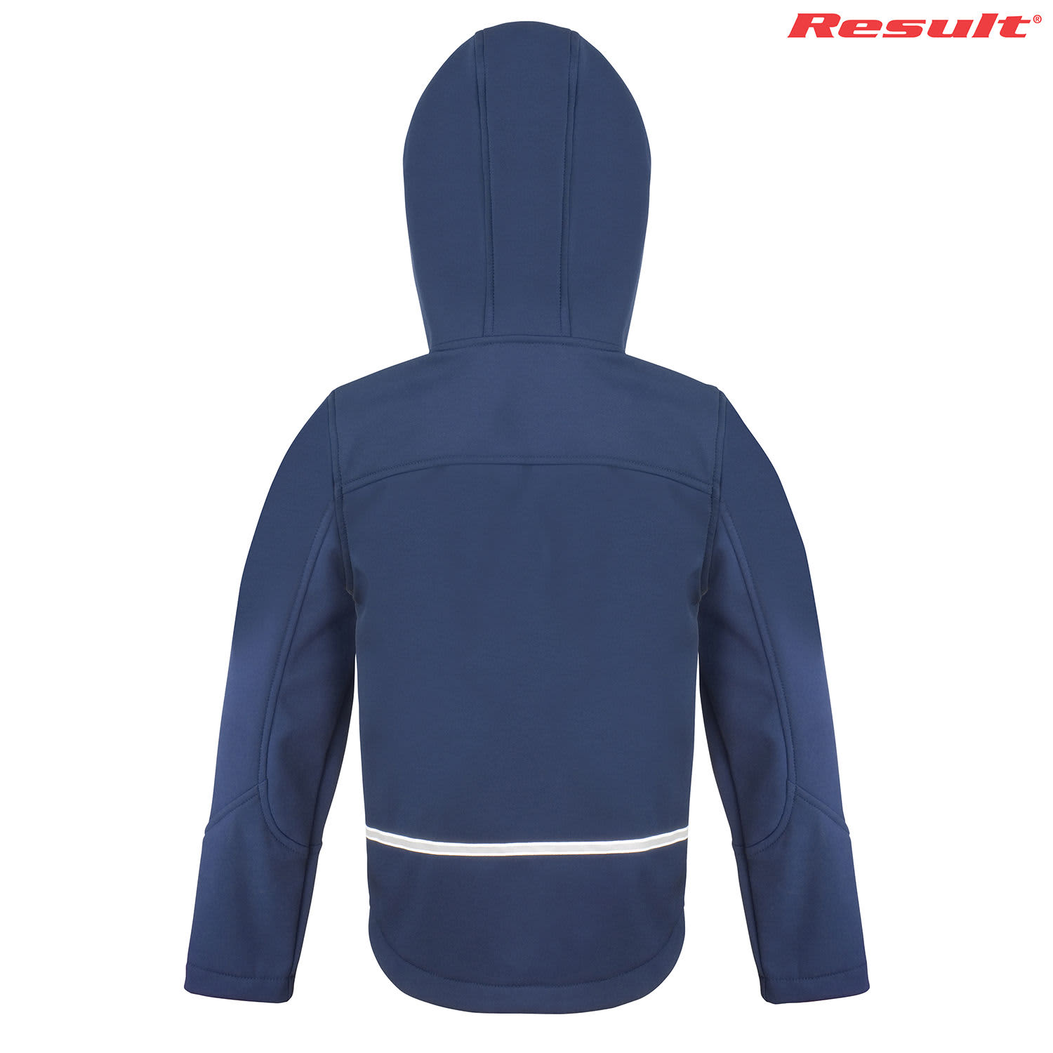 A navy blue Youth TX Performance Softshell Jacket with a hood and reflective detailing at the back. It features a logo.