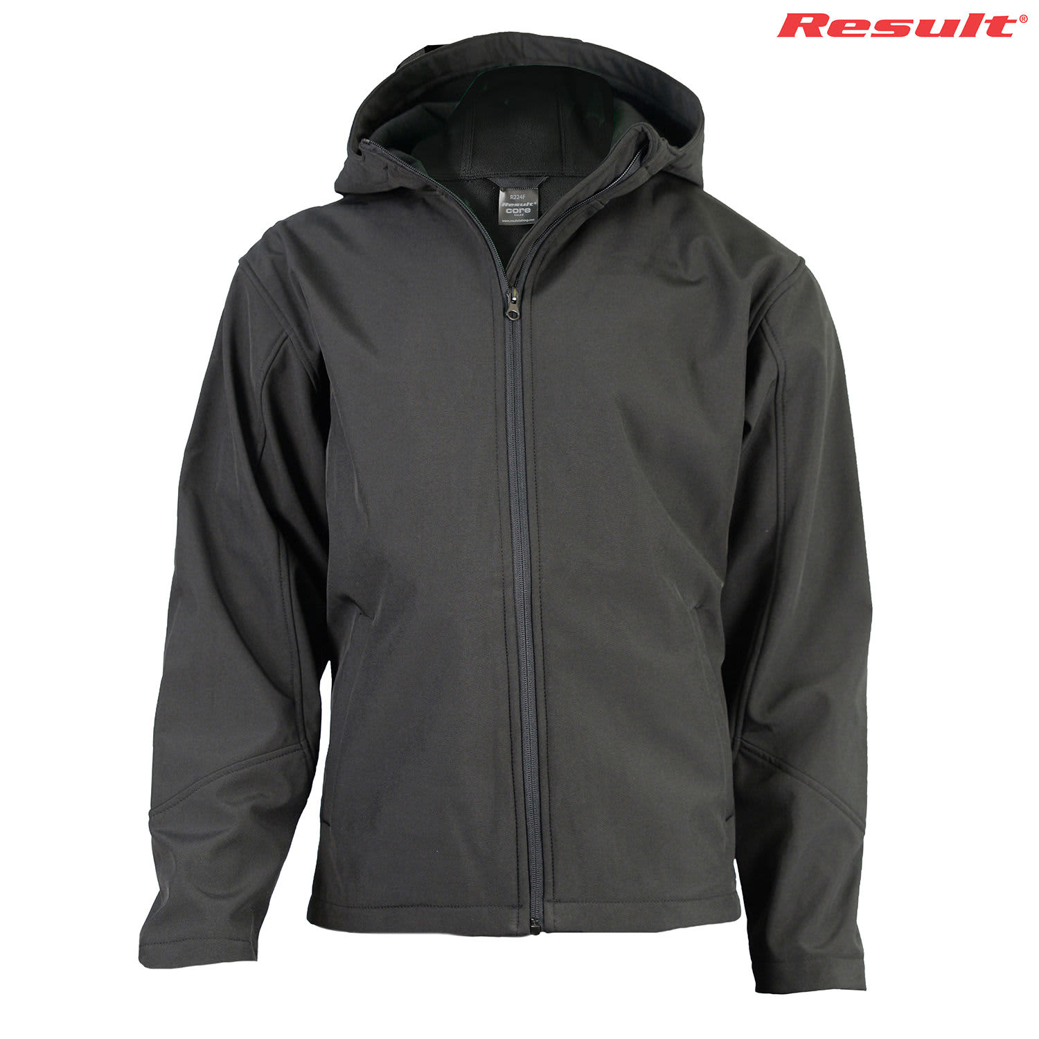 A black softshell jacket with a hood and a zippered front. The jacket features a logo.