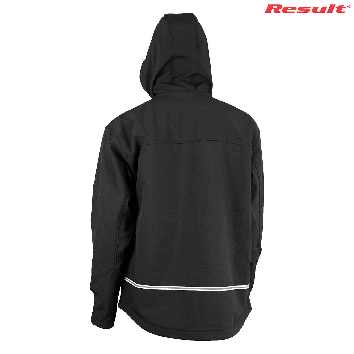 A black adult softshell jacket featuring a hood and reflective detailing, with a logo on the upper right.