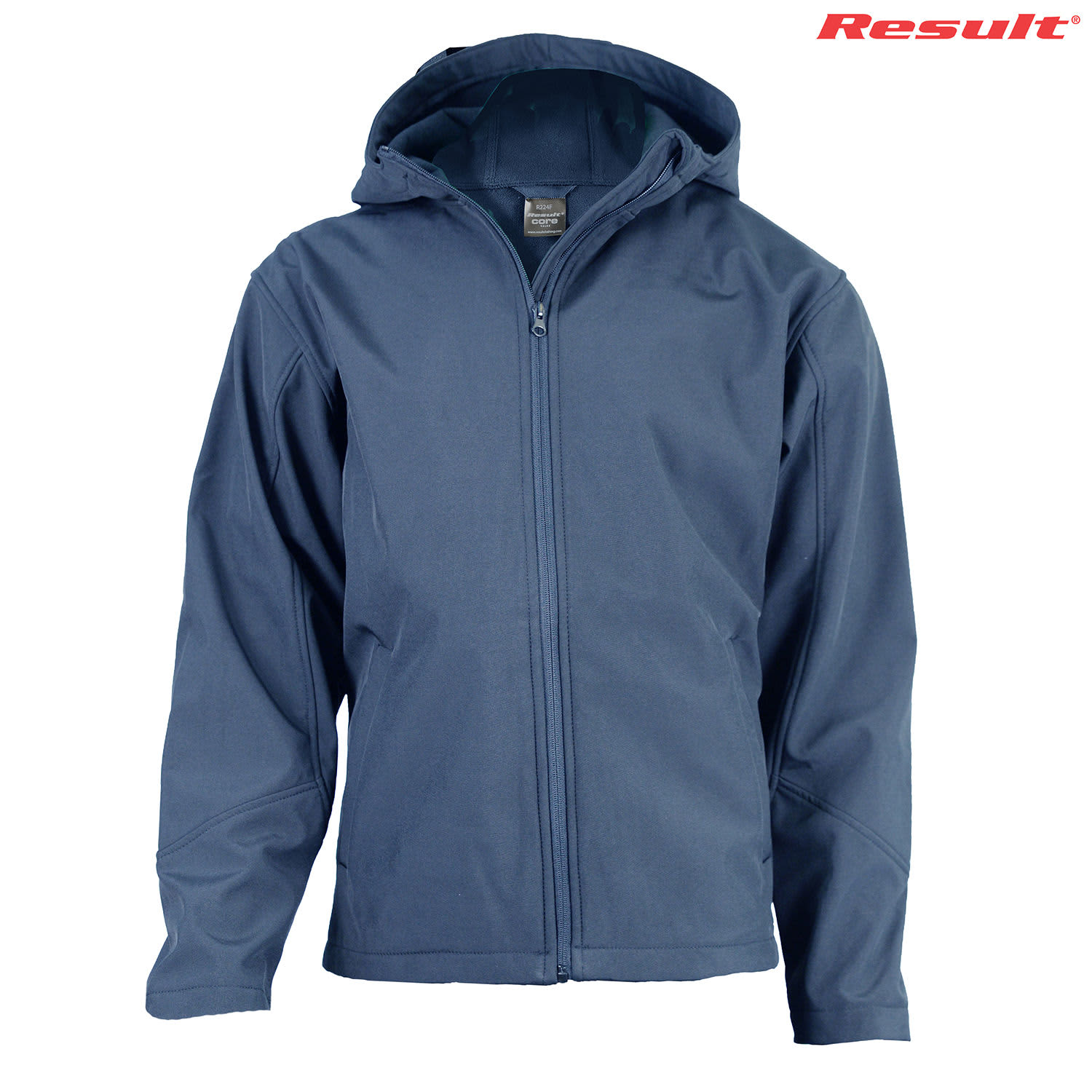 An adult navy softshell jacket with a hood and zipper front, featuring a logo. Ideal for various outdoor activities.