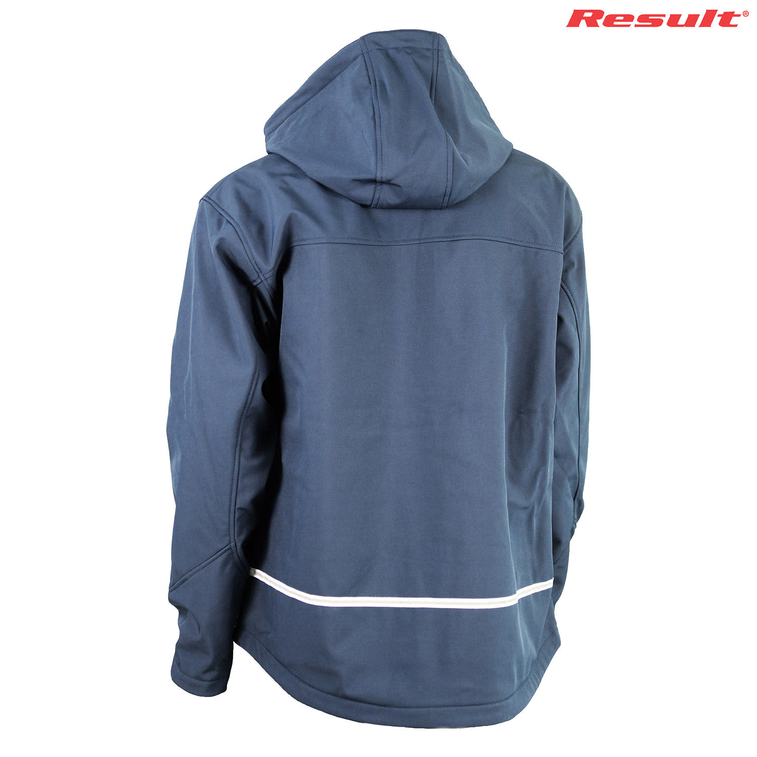 A navy softshell jacket for ladies with a hood and reflective detailing, featuring a logo.