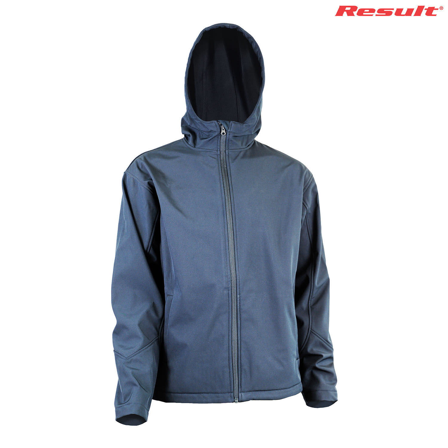 A hooded softshell jacket in navy blue with a zip closure and a logo on the upper corner.