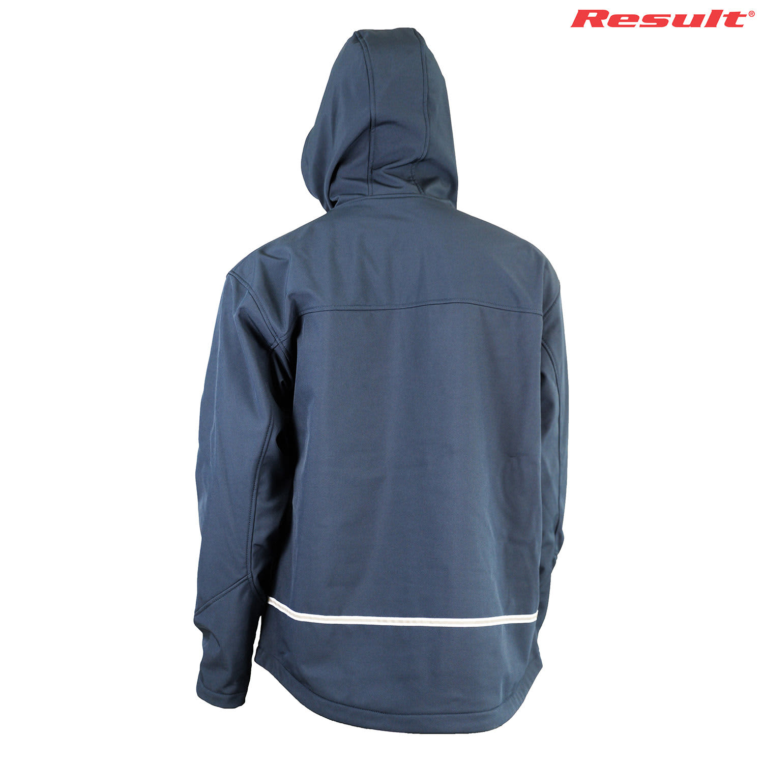 A dark blue softshell jacket with a hood, featuring a white trim and a logo on the upper right corner.