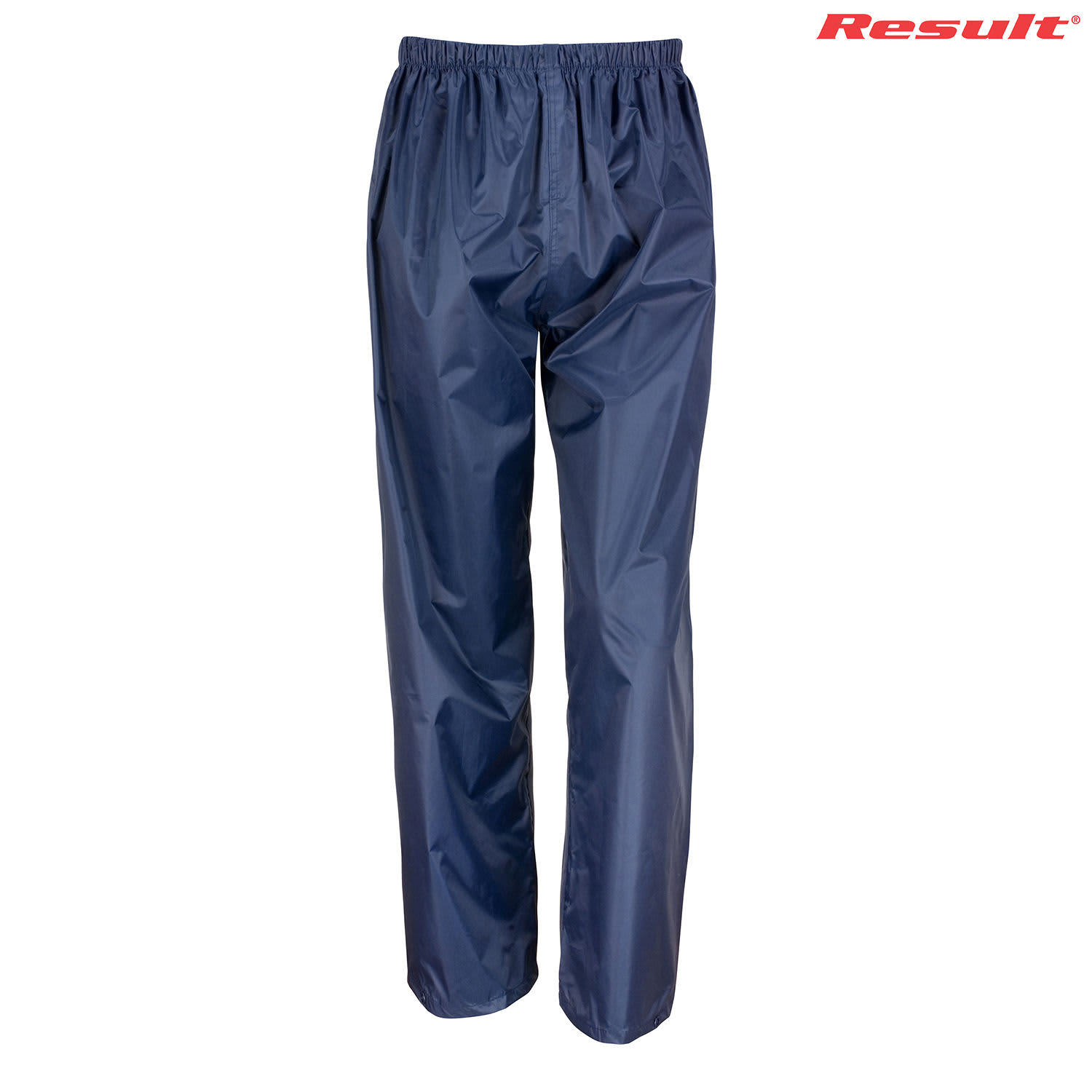 Adult rain trousers in navy blue with an elasticated waistband and a logo. Lightweight and waterproof design.